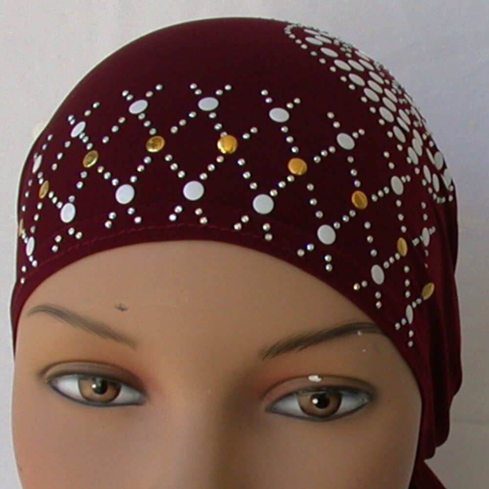 BURGUNDY Pre-Tied Stud Chemo Cap Slip On Bonnet Hijab Undercap # 5